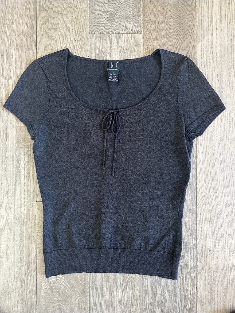 INC International Concepts Short-Sleeve Scoop Neck Knit Top in Black Charcoal